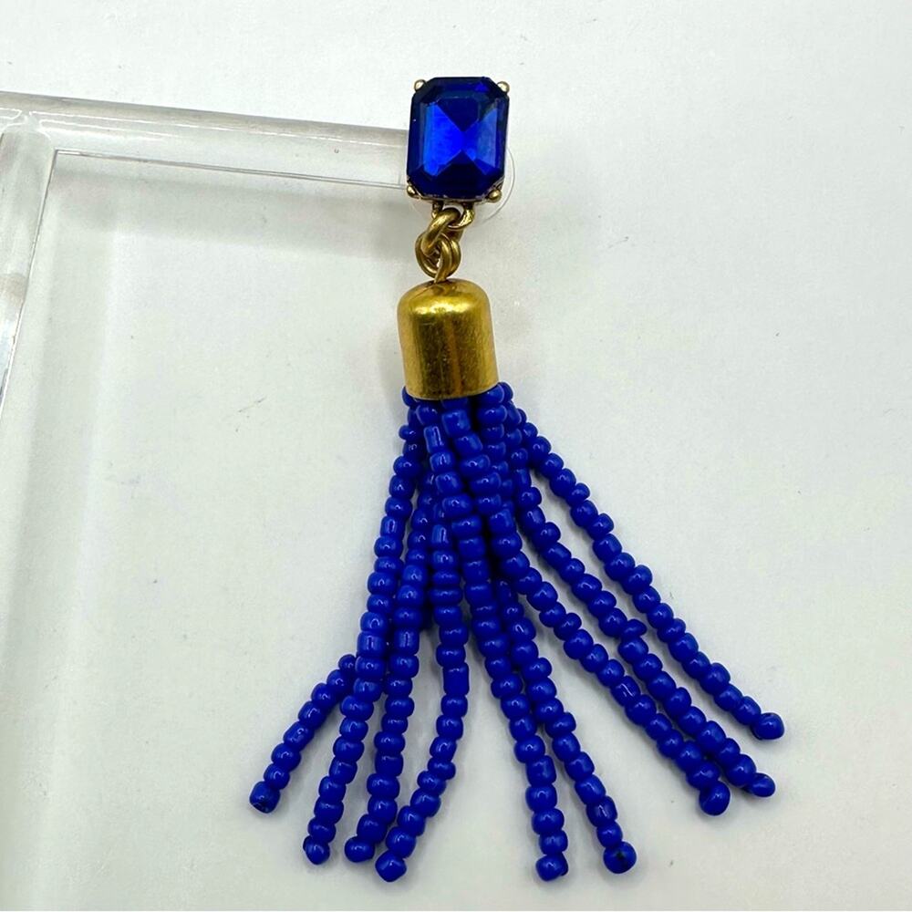 J. Crew Cobalt Beaded Tassel Earrings Casual luxe Preppy Summer Dangle Drop